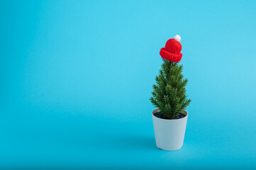Minimal creative Christmas concept with small Christmas tree with red woolen cap on pastel blue background.
