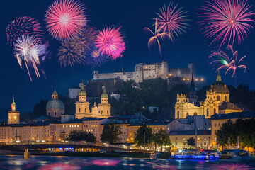 Salzburg (Austria) with fireworks during New Year celebration