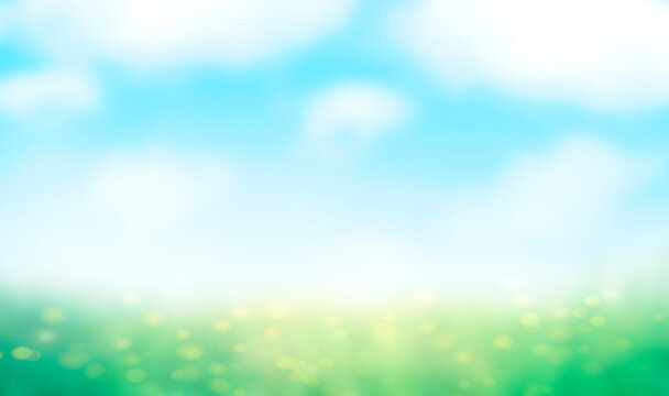 Sky Grass Blurred Background.Blue Green Spring Easter Illustration.Natural Wallpaper.