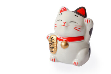 Maneki neko lucky cat show text on hand meaning rich on white background, select focus