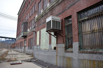 Abandoned rust belt town brick buildings bars boarded windows Brownsville Pennsylvania 2019