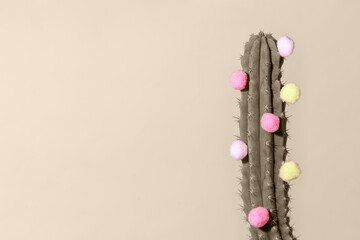Minimal creative stillife, cactus and fluffy colorful balls on background, happy birthday, summer, vacation, depilation concept, copy space, flyer, sale coupon discount, toned photo, trendy beige