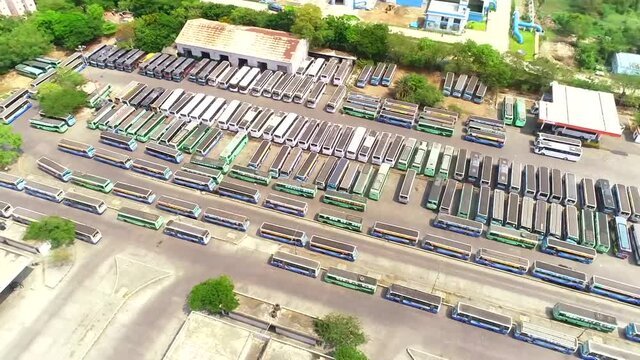 An aerial drone shot of Koyambedu Bus Stand during the COVID-19 lockdown in Chennai, India
