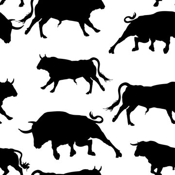 seamless background , isolated images  silhouettes of bulls on a white and  colored background