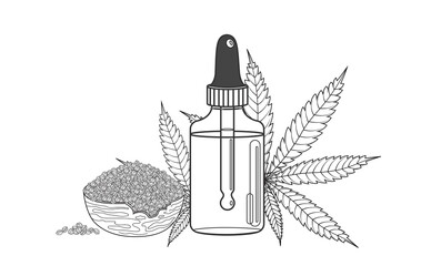 Hemp seed oil bottle with marijuana or cannabis leaf, seeds in bowl. Vector illustration in hand drawn line sketch style on white background