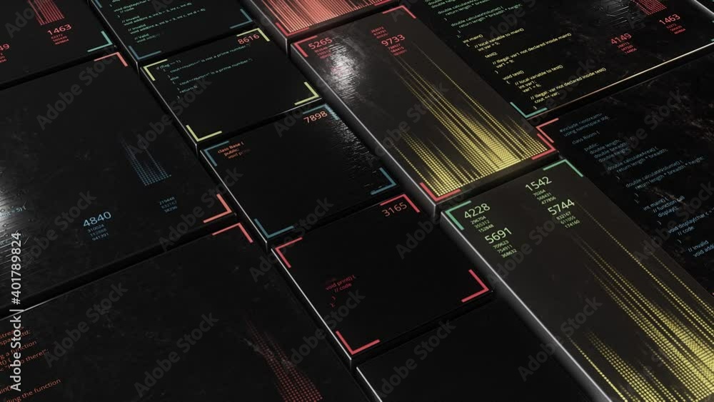 Poster high-tech moving panels with digital data. animation. 3d background with moving touch panels showing