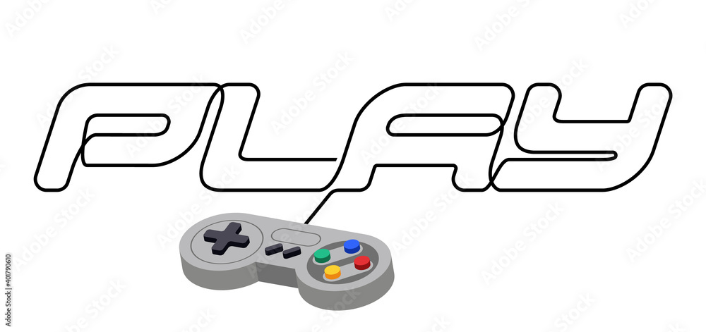 Poster fun intertainment graphic device. pc joystick with text play game for t shirt print or poster. vecto