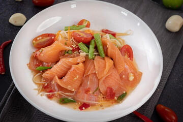 Salmon Spicy Salad closeup ready to eat