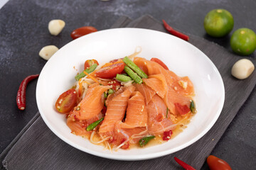 Salmon Spicy Salad closeup ready to eat