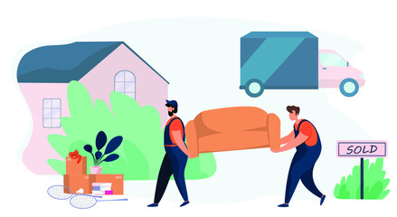 Delivery Moving Servise.Big House is Sold.Property Selling.Moving Home.Relocation Process.Moving truck on background.Service for Transporting Things and Cardboard Boxes.Flat Vector Illustration 