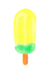 Hand drawn watercolor ice cream on white background in yellow and green colors.
