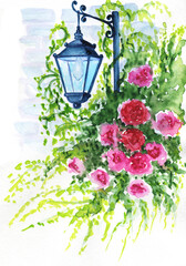 Fototapeta na wymiar Watercolor, street Lamp, Lantern in flowers, garden Lamp