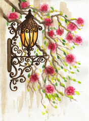 Watercolor, street Lamp, Lantern in flowers, garden Lamp