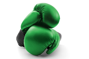 Competitive sports, fist protection and martial arts concept with photograph of two green boxing gloves with one glove on top of the other isolated on white background with clipping path cutout