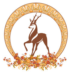 art nouveau style autumn season decorative vector frame with wild deer stag among maple tree branches