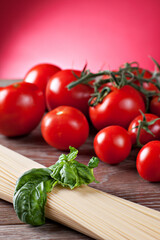 Ingredients for spaghetti with tomato sauce. Typical Italian dish.