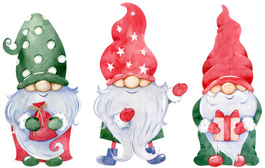 Cute Little Christmas Gnome Collection. Watercolor set of New Year's gnomes with gifts in colorful green and red hats