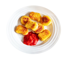 top view of portion of fried Chicken nuggets from frozen product (deep-fried breaded chicken meat) with tomato ketchup on white plate cut out on white background