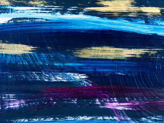 Colorful bright stripes, brush stroke on blue, creative abstract hand painted background, acrylic painting on canvas.