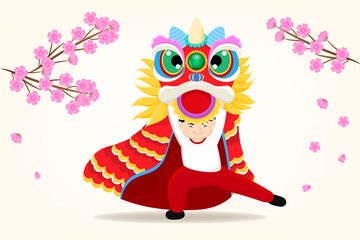 Lion dancing and greeting for Happy Chinese new year.