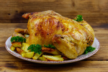Baked whole chicken with potato on a wooden table