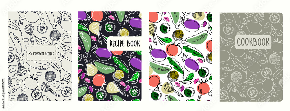 Wall mural Cover page vector templates for recipe books based on seamless patterns with hand drawn vegetables. Cookery books cover layout. Healthy food, vegan food concept