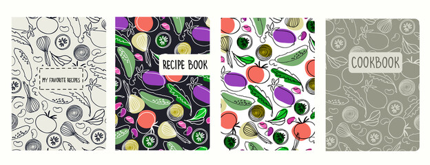 Cover page vector templates for recipe books based on seamless patterns with hand drawn vegetables. Cookery books cover layout. Healthy food, vegan food concept