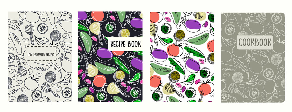 Cover page vector templates for recipe books based on seamless patterns with hand drawn vegetables. Cookery books cover layout. Healthy food, vegan food concept