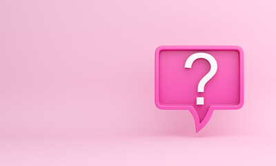 Question marks with speech bubbles on pink background, copy space text, 3D rendering illustration