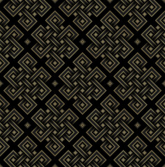 Geometric tibetan seamless pattern from endless knot. Oriental sacred geometry and asian folk style. Golden 3d symbol on dark background, vector.