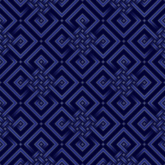 Geometric tibetan seamless pattern from endless knot. Oriental sacred geometry and asian folk style. Golden 3d symbol on dark background, vector.