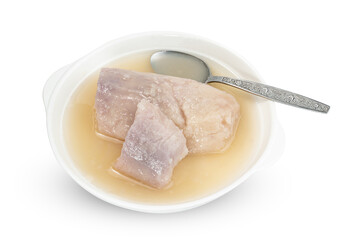 Taro in syrup with dish and spoon isolated on white background ,include clipping path