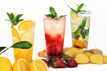 lemonade with ice on white background