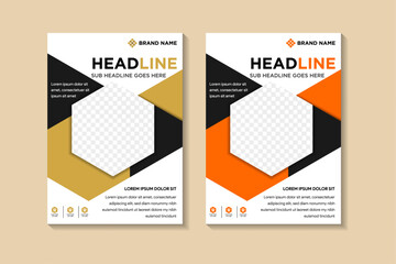 abstract geometric cover template design. hexagon shape for photo space. white background combiner with gold black and orange black element of flyer. vertical layout. 