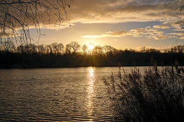 Sonnenaufgang am Waldsee Lauer in Markkleeberg bei Leipzig.