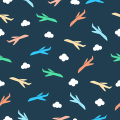 Seamless pattern with airplanes and clouds. Vector air transportation. Kids illustration isolated.