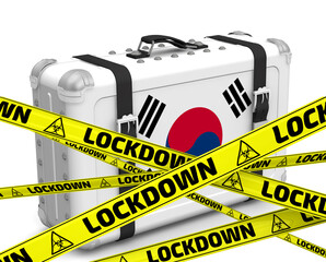 Obraz premium South Korea is in lockdown. Retro suitcase with the flag of Republic of Korea on a white surface with yellow warning tapes that say LOCKDOWN. 3D illustration