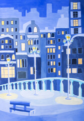Children's drawing in gouache "City landscape with a bench"