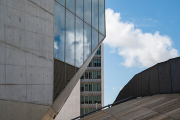 Fototapeta na wymiar Close up shot of the Casa da Musica do Porto (Porto Music House). Detail of the glass and concrete. Abstract image.