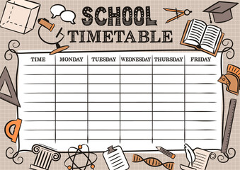 Vintage Template of a school schedule for 5 days of the week for students. Vector illustration in doodle style. Timetable Includes hand-drawn school theme elements.