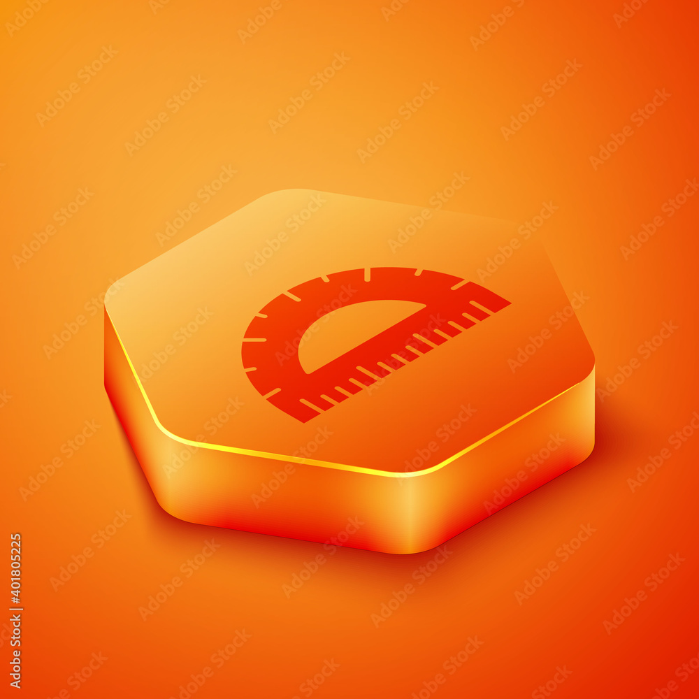 Poster isometric protractor grid for measuring degrees icon isolated on orange background. tilt angle meter