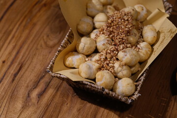 close up fried sweet dumplings. Traditional Chinese snack