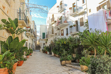 Street in the charming old town of Polignano a mare, province of Bari in Puglia, famous tourist destination in southern Italy.