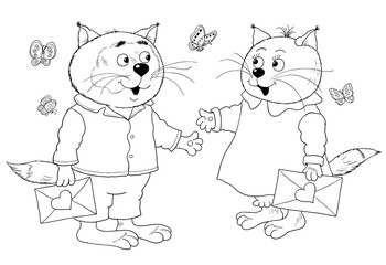 Cute cartoon animals. Valentine's Day. Coloring page. Illustration for children. 