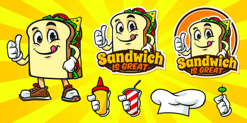 Cartoon happy sandwich character logo