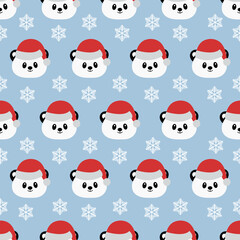 Seamless pattern with cute cartoon panda. Vector illustration. Christmas background.	