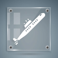 White Submarine icon isolated on grey background. Military ship. Square glass panels. Vector.