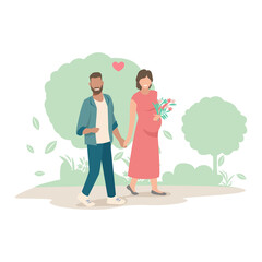 Young married couple walks in the park. Husband walks with his pregnant wife. Sports and recreation. Flat vector illustration.