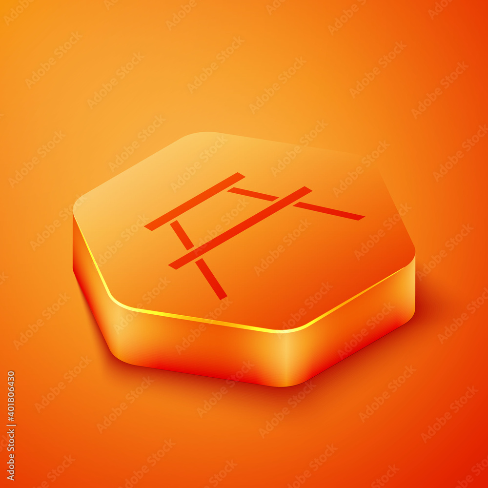 Poster Isometric Picnic table with benches on either side of the table icon isolated on orange background. Orange hexagon button. Vector.