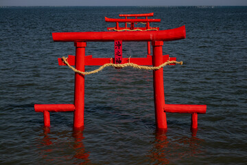 Red Shinto Shrines at the full tide